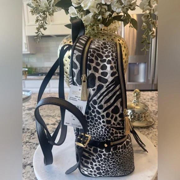 Michael Kors RheaBlack White MK Signature Zebra Medium Backpack